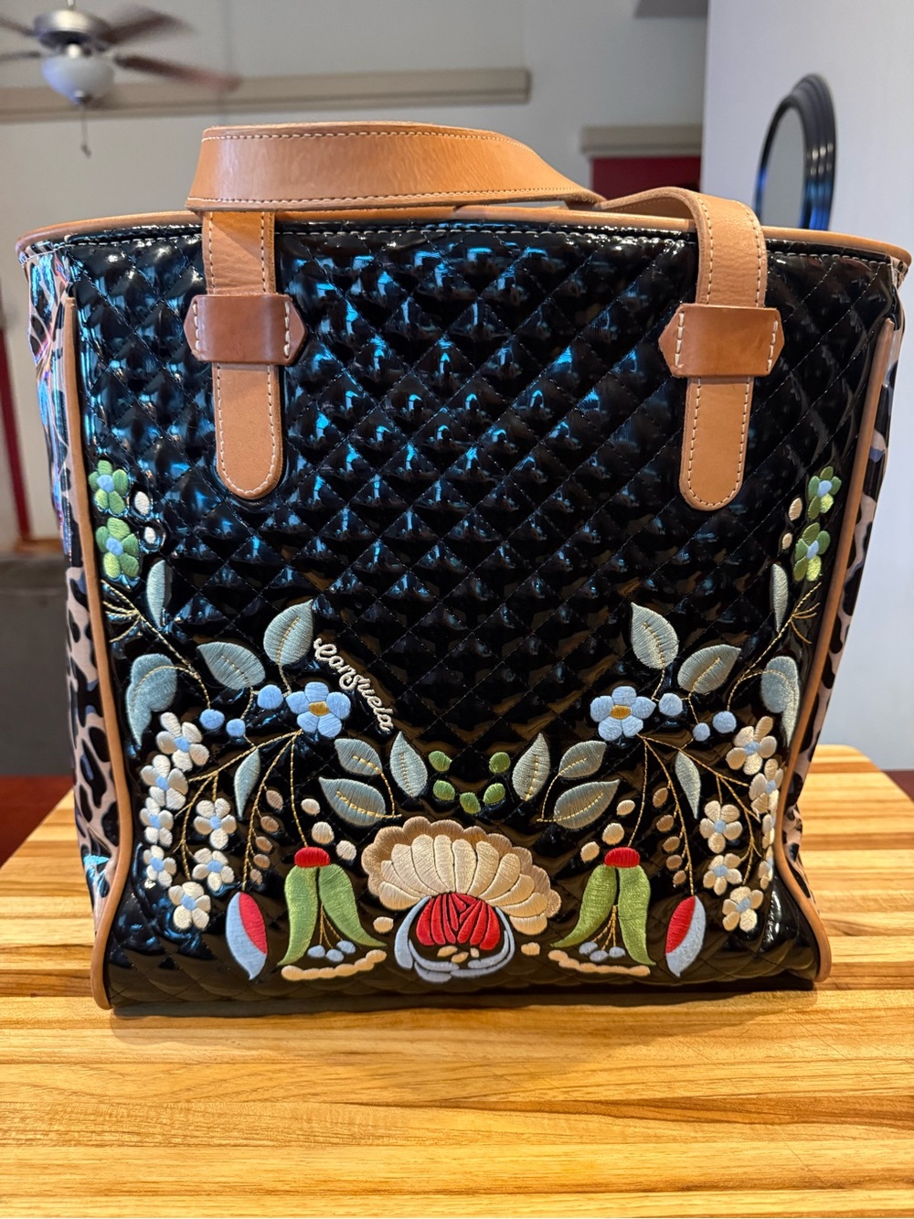 Consuls Izzy Embroidered Quilted Tote Bag with Tan Handles